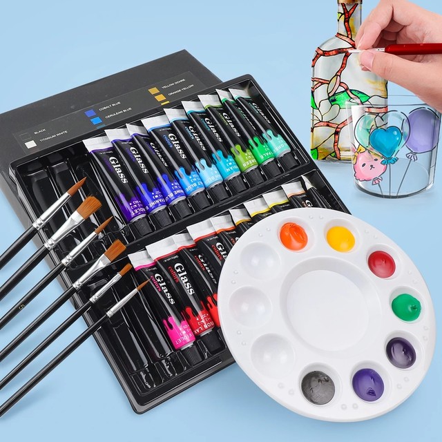 Stain Glass Paint Set with 6 Nylon Brushes, 1 Palette, 12/24